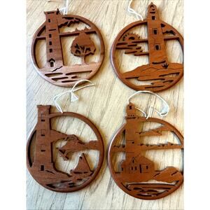 4 handmade wooden lighthouse Xmas ornaments cherry wood coastal boats trees sun